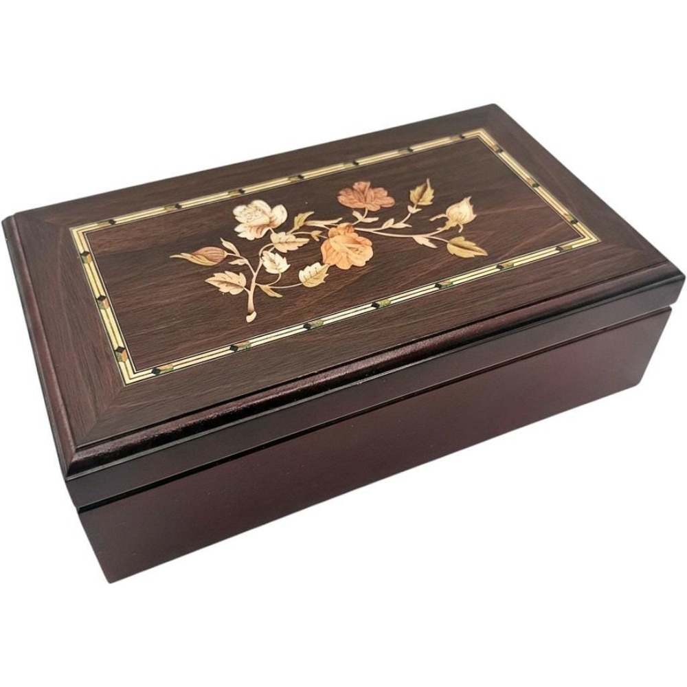 Rose Floral Inlay Wood Jewelry Box w/ Mirror Ring Rolls Vanity Organizer